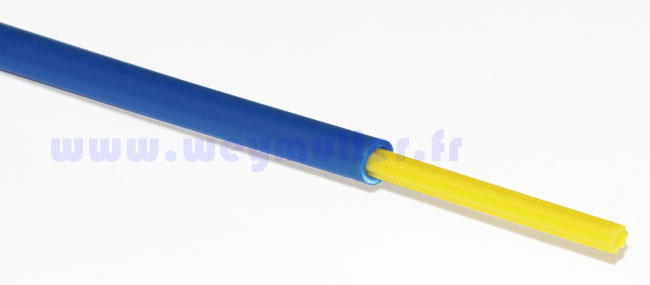 Gaine en plastique bleu et jaune. ø ext 3,2 mm, longueur 1 m